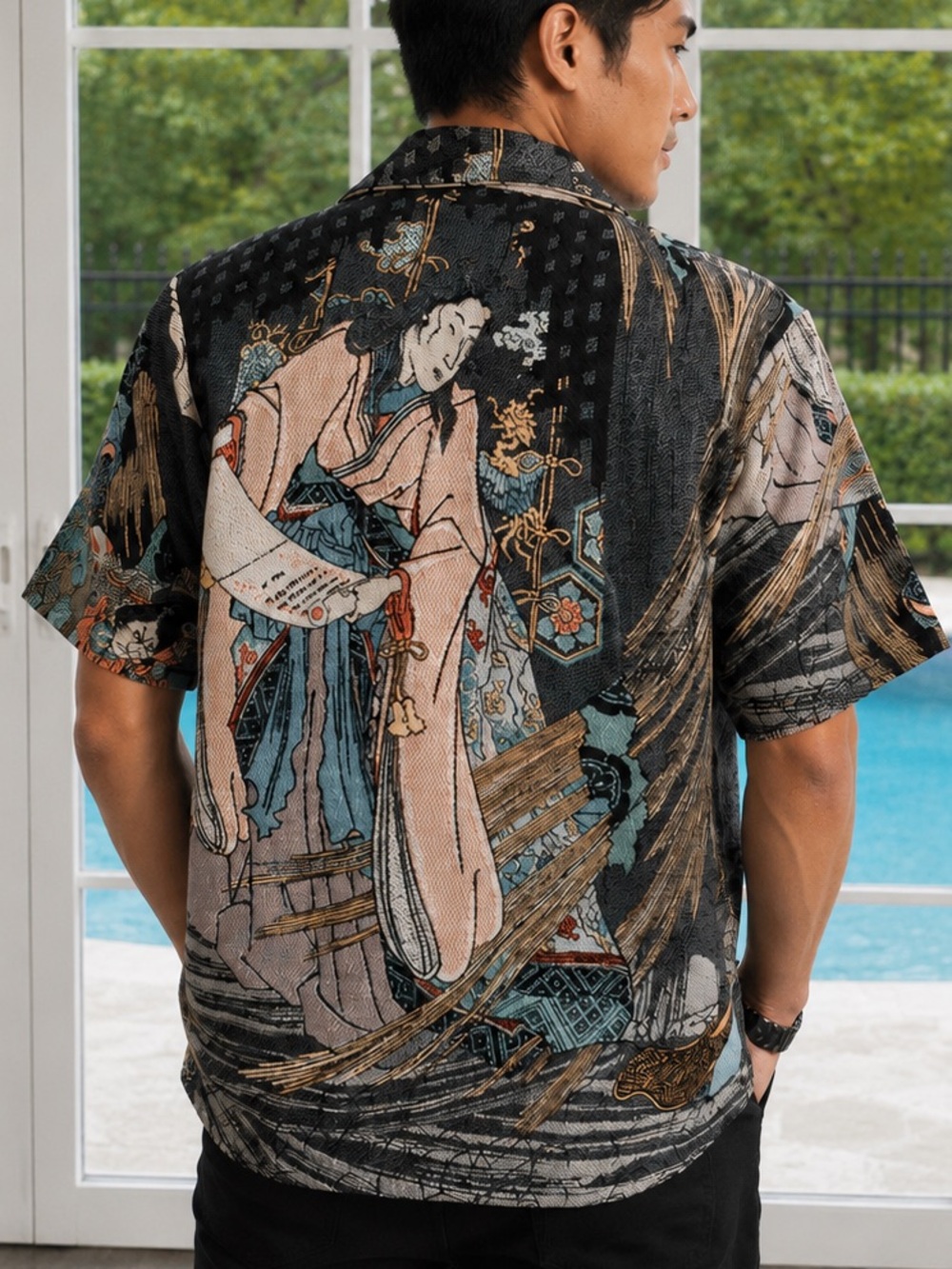 Rebel Vengeance Black Polo with Multicolor Asian-Inspired Graphic S